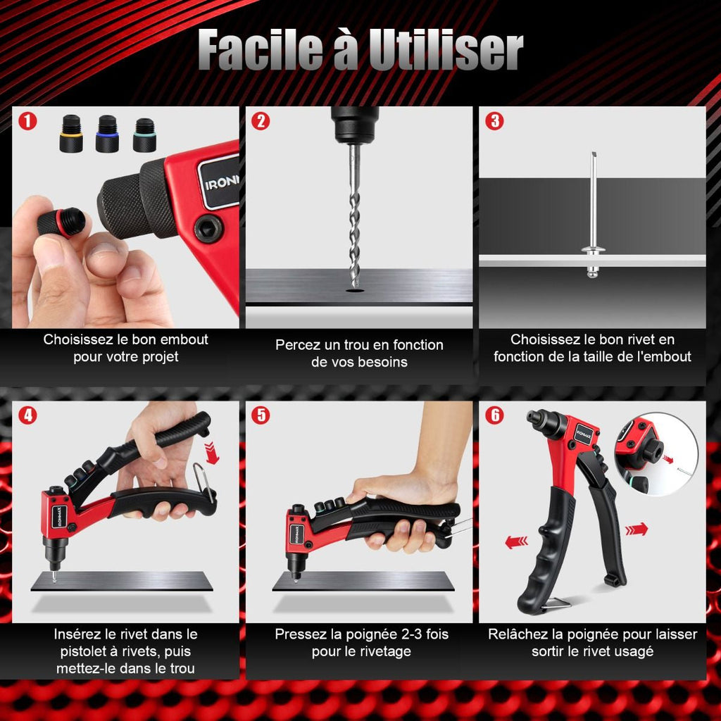 Riveteuse Manuelle Avec 200 Rivets Et 4 Outils-Embouts De Rivets Interchangeables À Volonté Avec Étui De Transport